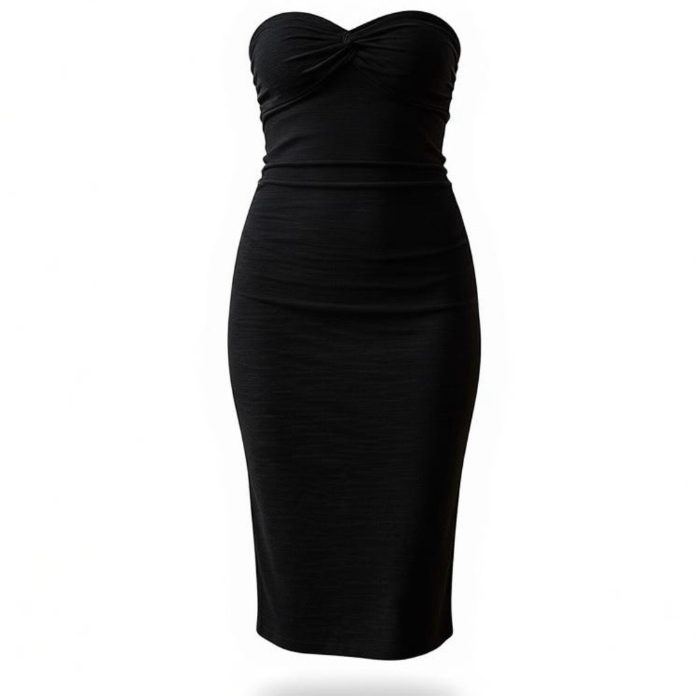 Strapless Black Ribbed Maxi Dress With Knot Detail & Back Slit
